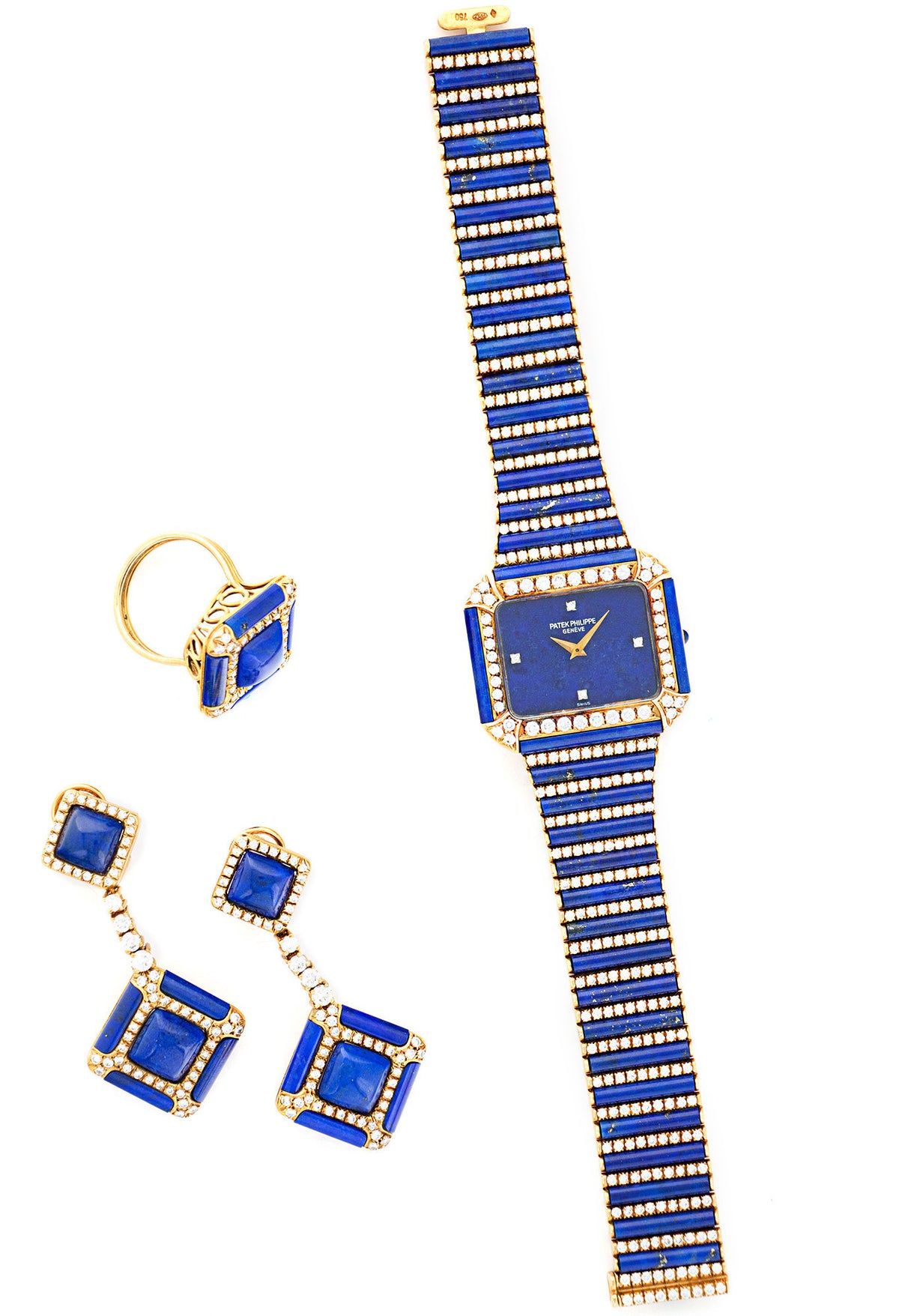 Patek Philippe Yellow Gold Lapis Diamond Watch, Ring and Earrings Set