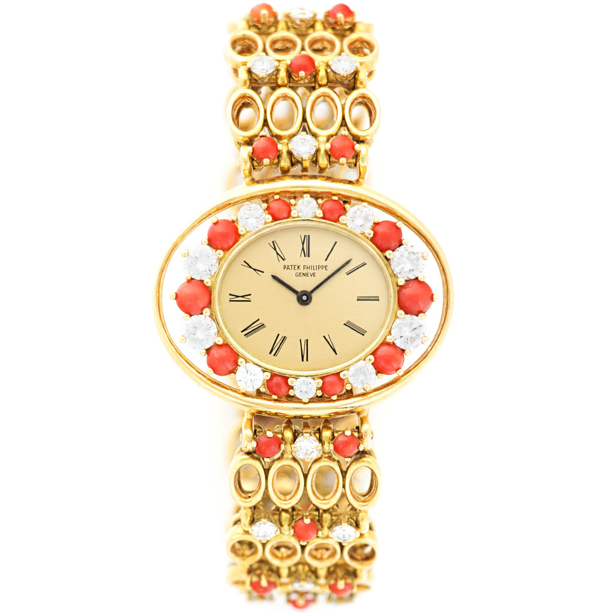 Ladys Patek Philippe Yellow Gold Diamond Coral Bracelet Watch Ref. 4195/1