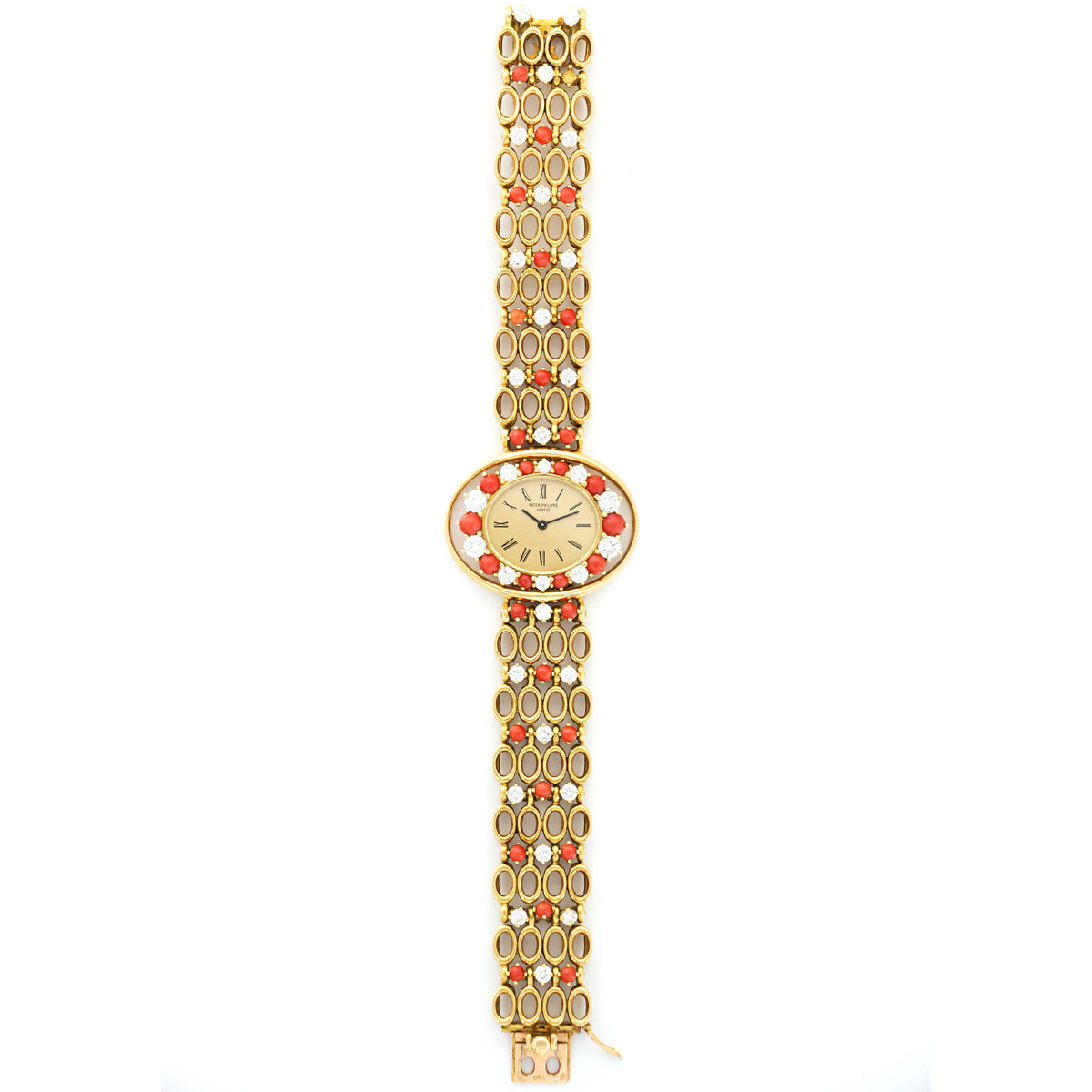 Ladys Patek Philippe Yellow Gold Diamond Coral Bracelet Watch Ref. 4195/1