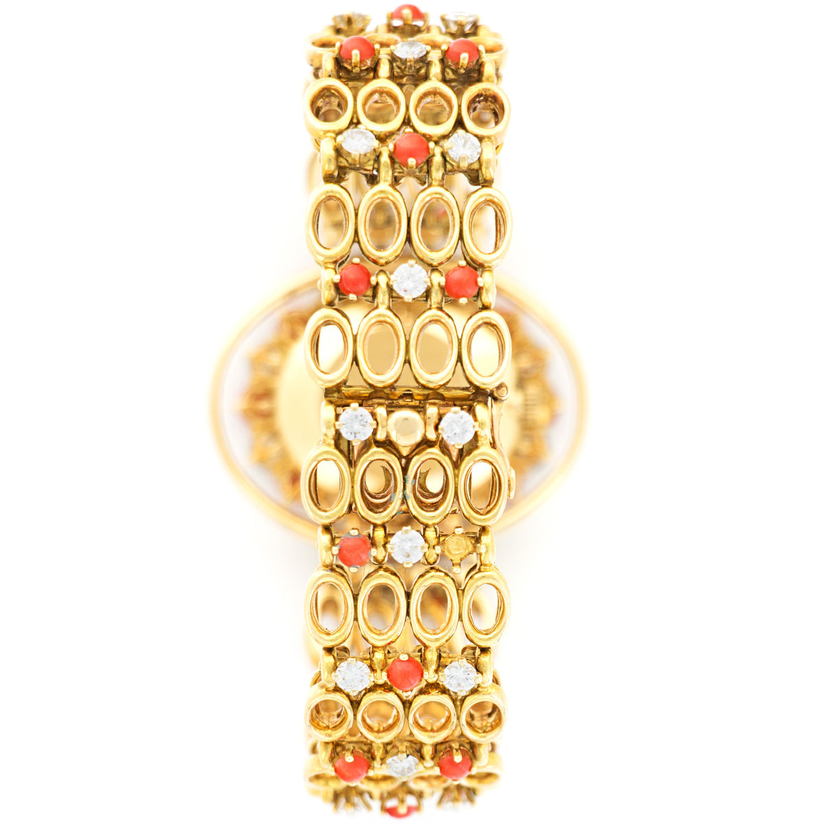 Ladys Patek Philippe Yellow Gold Diamond Coral Bracelet Watch Ref. 4195/1