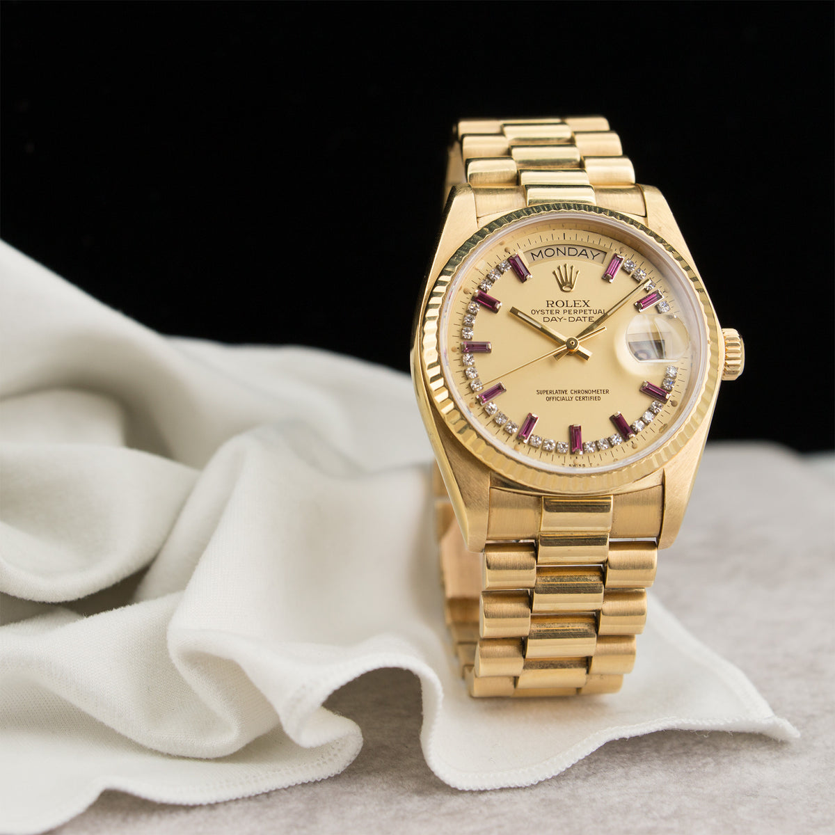 Rolex Yellow Gold Day-Date Diamond Ruby Watch Ref. 18038